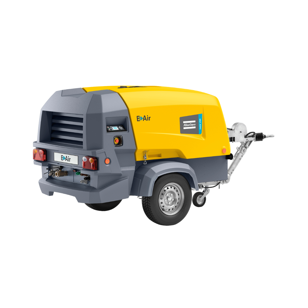 Atlas Copco E-Air H450 VSD electric rotary screw air compressor, featuring advanced PACE technology and a compact design for customizable pressure and flow settings, optimized for energy efficiency and versatility.