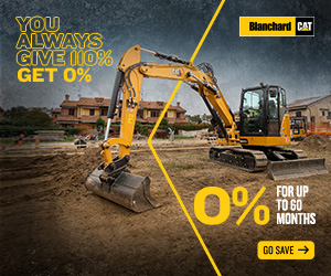 Mini excavator at work with text saying "You always give 110%, get 0%. 0% for up to 60 months + up to $500 toward a Cat CVA." Blanchard Cat