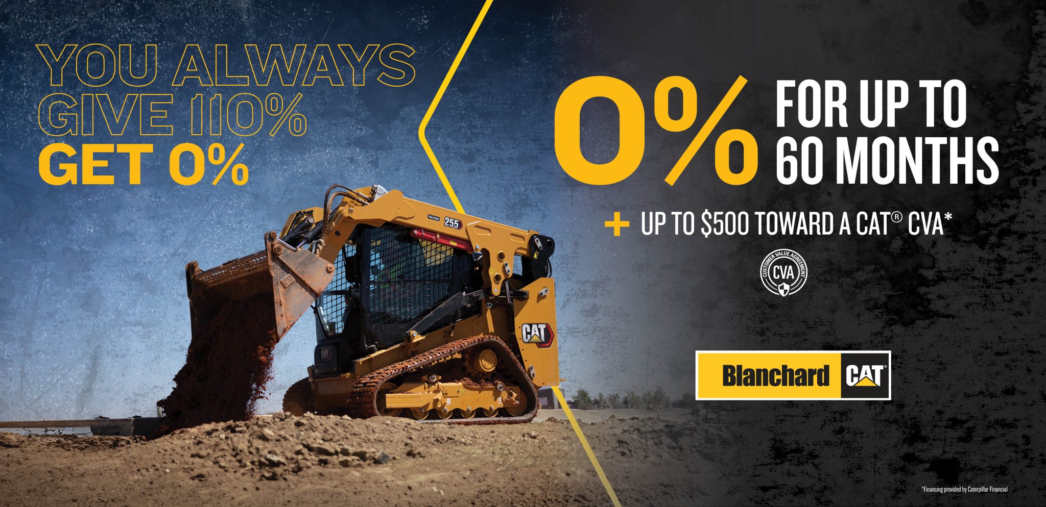 Compact track loader at work with text saying "You always give 110%, get 0%. 0% for up to 60 months + up to $500 toward a Cat CVA." Blanchard Cat