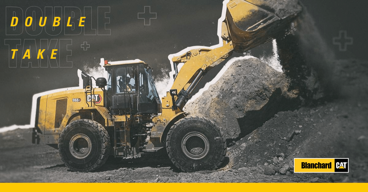 wheel loader at work dumping dirt with text saying Double Take